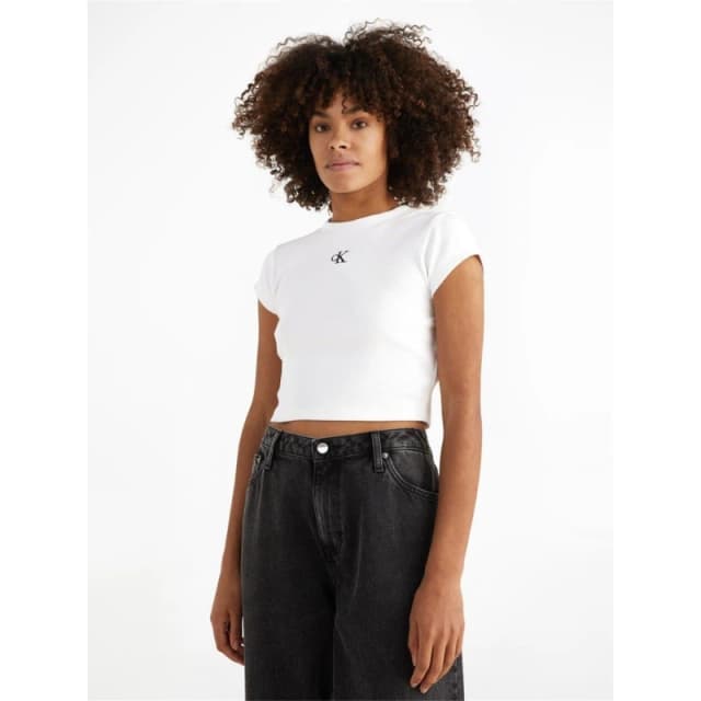 Calvin Klein Jeans Mono Rib Cropped T Shirt - White White 10