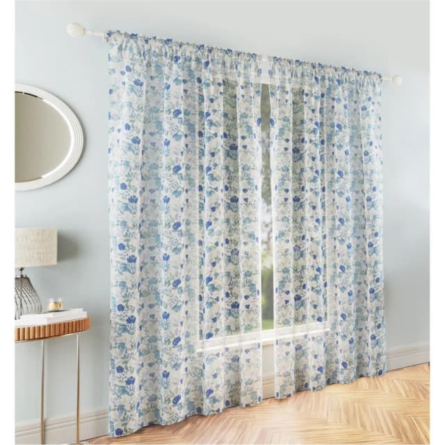 Tyrone Textiles Mia Floral Print Sheer Voile Panels - Pair Curtain Voiles / Nets / Lining 140x229cm Blue 70520618004