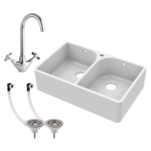 Balterley 2 Bowl Fireclay Belfast Sink Tap Hole Full Wier Waste Mono Mixer Tap White