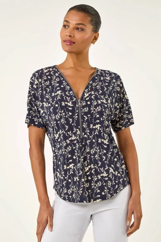 Roman Womens Floral Puff Print Zip Front Top in Navy Size: 14 Navy Female 14