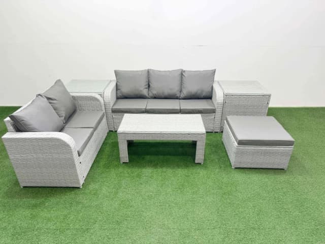 Fimous 6 Seater PE Rattan Wicker Garden Furniture Patio Conservatory Sofa Set with Oblong Coffee Table 3 Seater Sofa Love Sofa Big Footstool 2 Side Ta