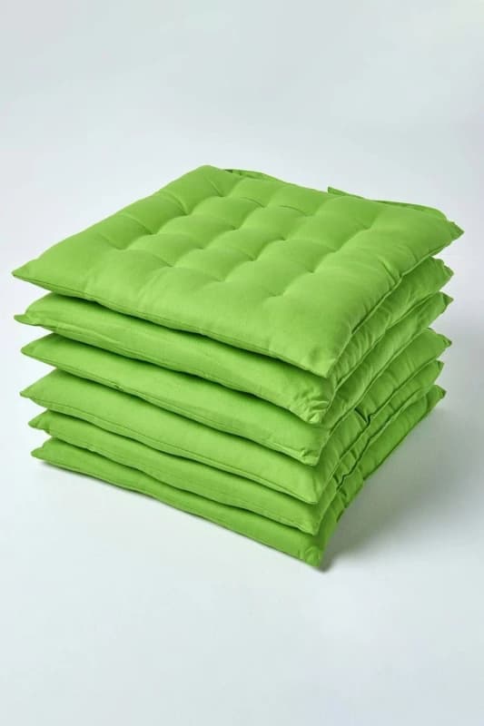 Homescapes Plain Seat Pad with Button Straps, 40 x 40cm, Set of 6 Lime