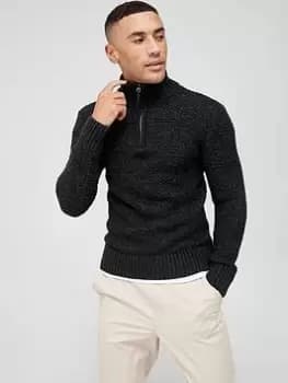 Superdry Jacob Henley Cable 1/4 Zip Jumper - Charcoal , Charcoal Size M Men