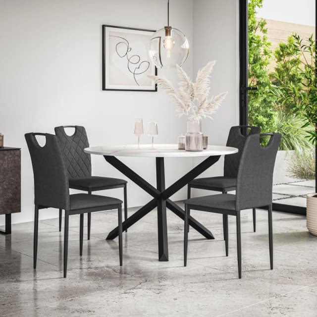 More4Homes Malvern Round Dining Table And Chairs - Marble Table Top W Solid Oak Black Legs + Monza Fabric Dining Chair Set Of 4 (Charcoal)