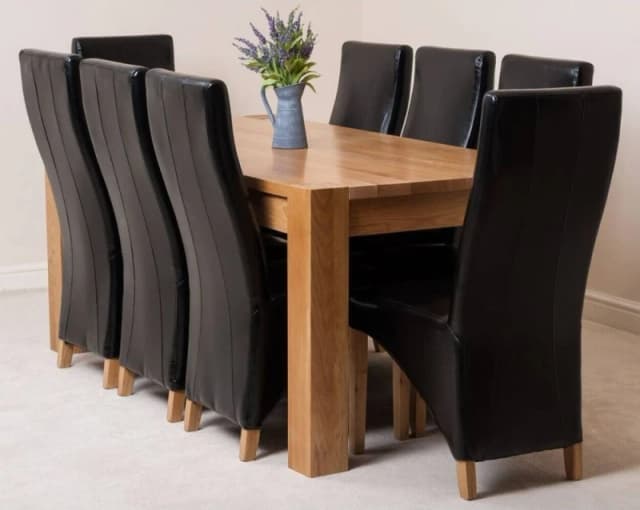 Thats Furniture Kuba 180 x 90cm Chunky Oak Dining Table & 8 Lola Leather Chairs in Black Unisex 180 x 90 cm