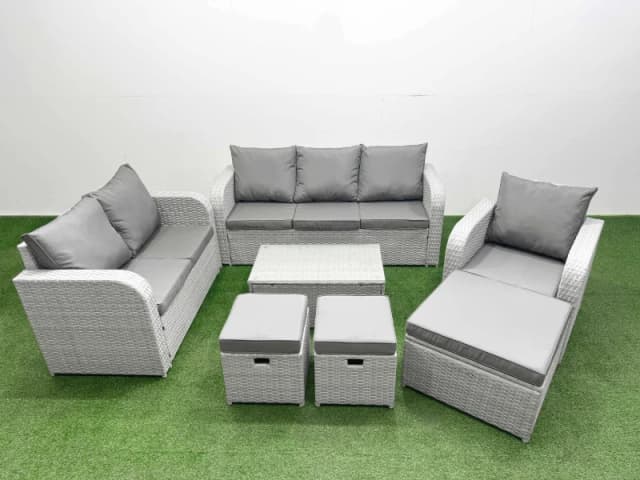 Fimous Patio PE Wicker 9 Seater Outdoor Rattan Furniture Sofa Sets with Rectangular Coffee Table Reclining Chair Loveseat Sofa 3 Seater Sofa Stool Lig