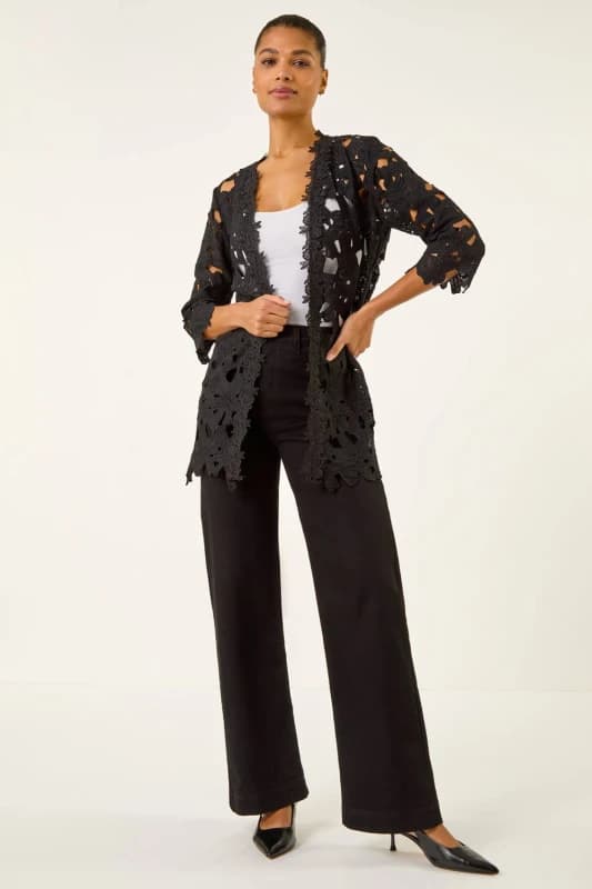 Roman Womens Crochet Lace Longline Jacket in Black Size: 10 Black Female 10