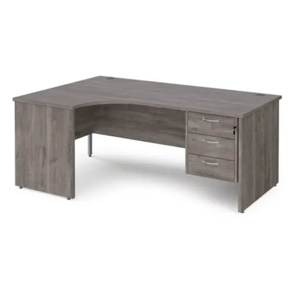 Maestro 25 Maestro 25 left hand ergonomic desk 1800mm wide with 3 drawer pedestal - grey oak top with panel end leg MP18ELP3GO
