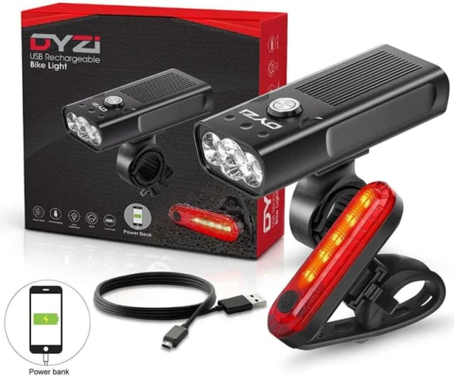 Dyzi Premium Aluminium Bike Lights Set Waterproof Rechargeable Powerbank Black unisex