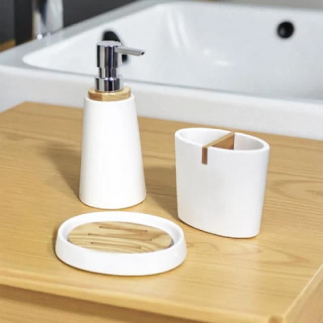 Showerdrape Sonata White & Bamboo 3 Piece Bathroom Accessory Set