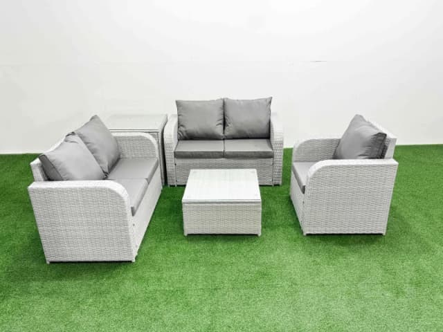 Fimous High Back Poly Rattan Garden Furniture Set with Reclining Chair Loveseat Sofa Square Coffee Table Indoor Outdoor Patio Set Side Table Light Gr