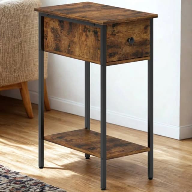 FURNOS 2 Tier Narrow Side End Table With Drawer Rustic in Brown Brown Unisex