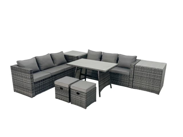 Fimous Rattan Dining Table Sofa Set with 2 Side Table Small Footstool Outdoor in Dark Grey Dark Grey Unisex