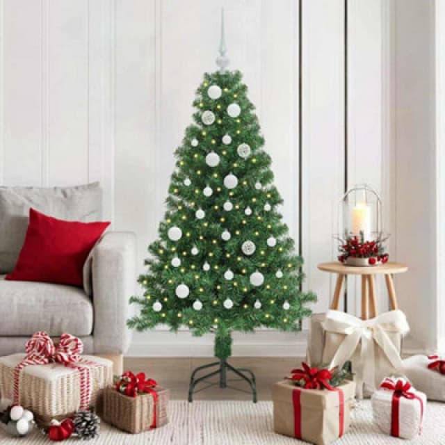 vidaXL Artificial Christmas Tree with 150 LEDs, White Balls with Stand Green 150 cm, Green 3396903