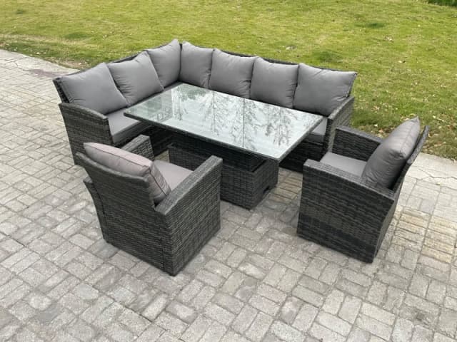 Fimous Wicker PE Outdoor Rattan Garden Furniture Set Height Adjustable Rising Lifting Table Sofa Dining Set with 2 Armchairs Dark Grey Mixed Dark Grey