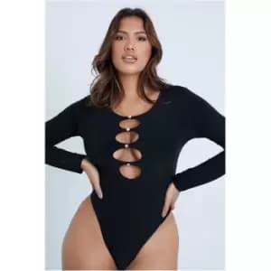 I Saw It First Black Diamante Cut Out Double Layer Long Sleeve Bodysuit - Black