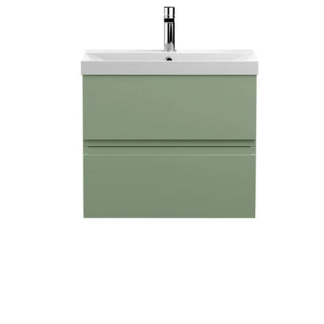 Hudson Reed Urban Wall Hung 2 Drawer Vanity Unit With Thin-Edge Ceramic Basin, Modern Bathroom Furniture In Satin Green, 600mm