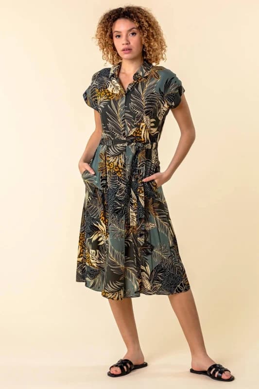 Roman Tropical Leaf Print Shirt Dress Green