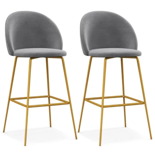 Costway Bar Stools Set Of 2 Velvet Upholstered Bar Height Stools W/ Curved Backs
