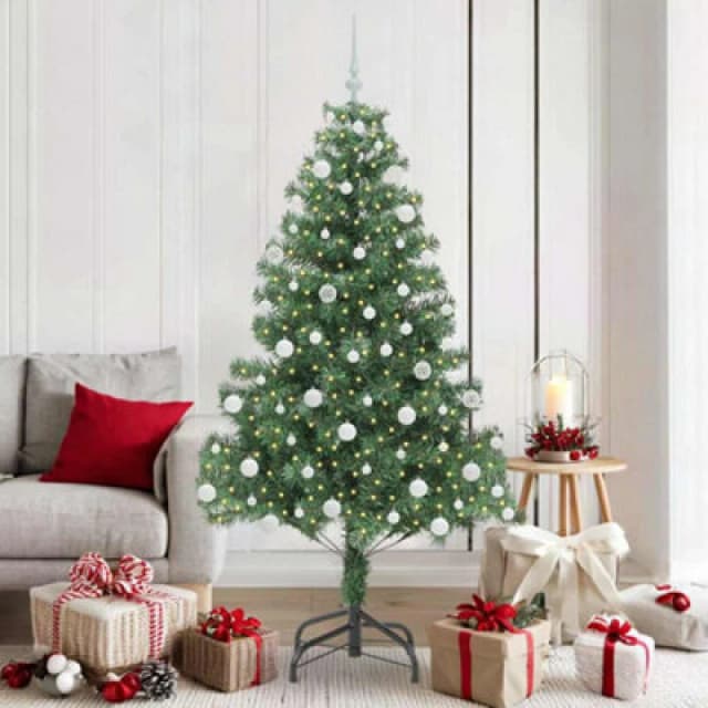 vidaXL Christmas Tree with 300 LEDs, White Balls with Stand Green 180cm PVC, Green 3396383