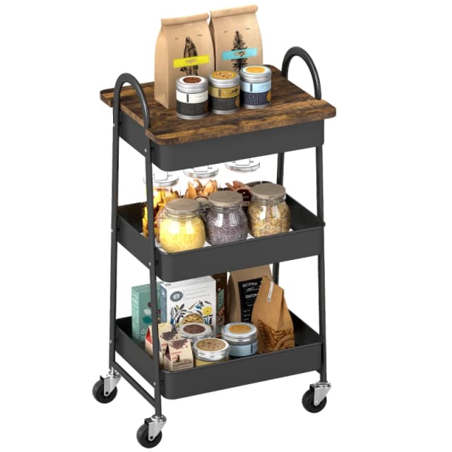 HOMCOM HOMCOM 3-Tier Storage Trolley on Wheels with Cover Top Board Mesh Baskets in Brown Brown One Size Unisex 5063603134058