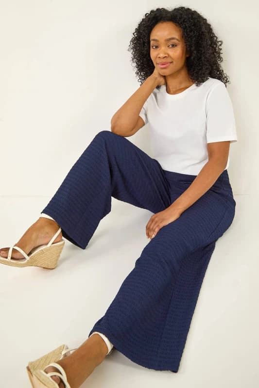 Roman Womens Petite Textured Stretch Trouser in Navy Size: 14 Navy Female 14