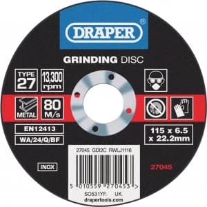 Draper Inox Stainless Steel Grinding Disc 115mm 6.5mm 22mm