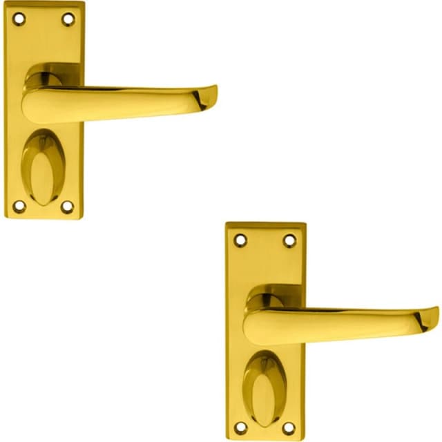 Loops 2x PAIR Straight Handle on Short Privacy Backplate 118 x 42mm Polished Brass Metallics