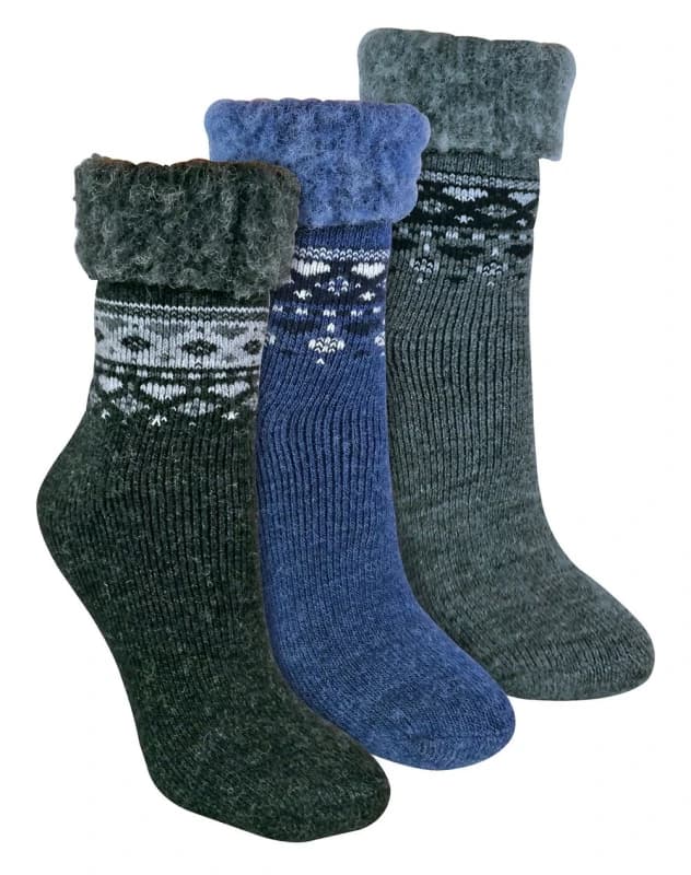 Sock Snob 3 Pack Ladies Turnover Top Wool Bed Socks - Black / Charcoal / Denim