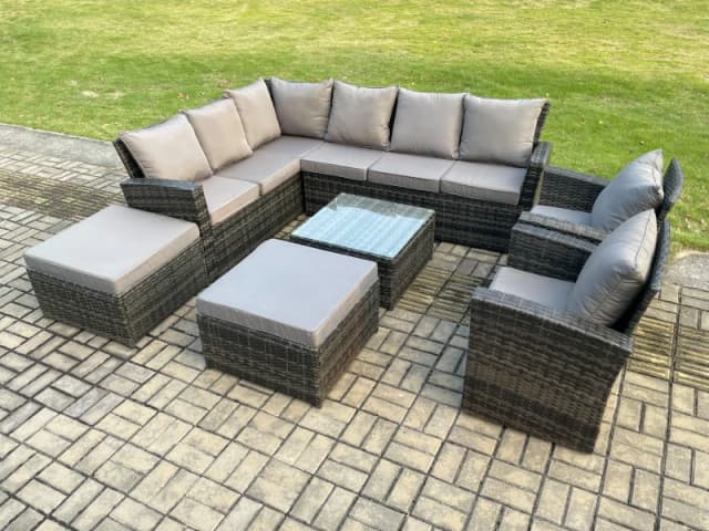 Fimous 10 Seat Rattan Garden Furniture Corner Sofa Set Outdoor Patio Sofa Table Set with 2 Big Footstool Dark Grey Mixed Dark Grey Unisex