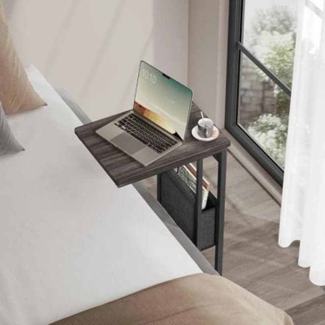 Songmics C-Shaped Bedside Table With Fabric Storage Bag, End Table, Adjustable Feet And Swivel Castors, Living Room, Ash Brown