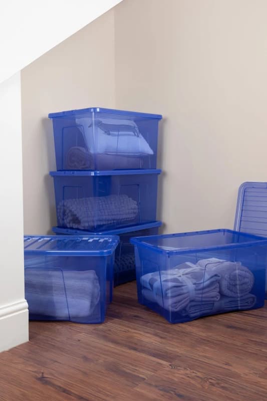 Wham Crystal 5 x 60L Stackable Plastic Storage Boxes with Lids in Blue Blue Unisex