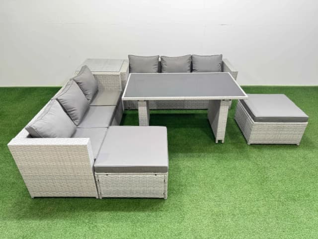 Fimous 8-seater Patio Rectangular Table Sofa Set with Side Table 2 Big Stools in Light Grey Light Grey Unisex