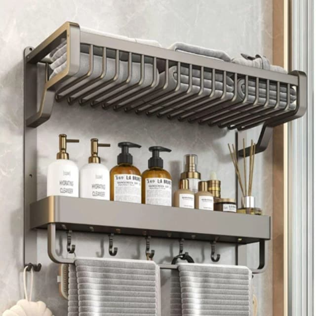 LIFE IDEAS Bathroom Wall Shelf with Towel Bar and Hooks Black1 unisex S 2-Tier