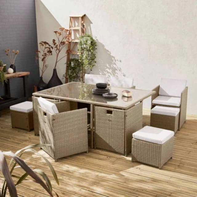 sweeek 6 To 10-seater Rattan Cube Table Set With Chairs Beige