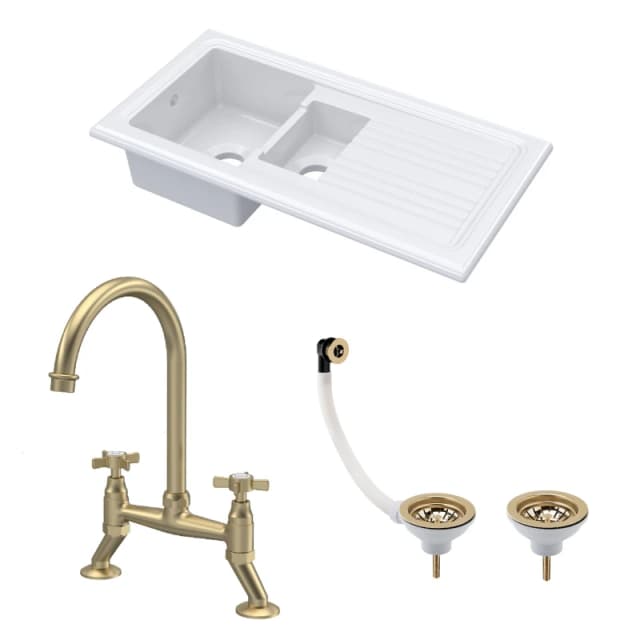BALTERLEY Fireclay Kitchen Bundle - 1.5 Bowl Sink & Drainer, Waste & Bridge Crosshead Tap, 1010mm - Brushed Brass - Balterley BKS230WT14