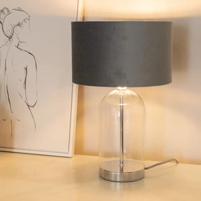ValueLights ValueLights Jessy Glass with Silver Table Lamp with Grey Velvet & Chrome Inner Shade & Bulb Grey One Size Unisex 5059406061028