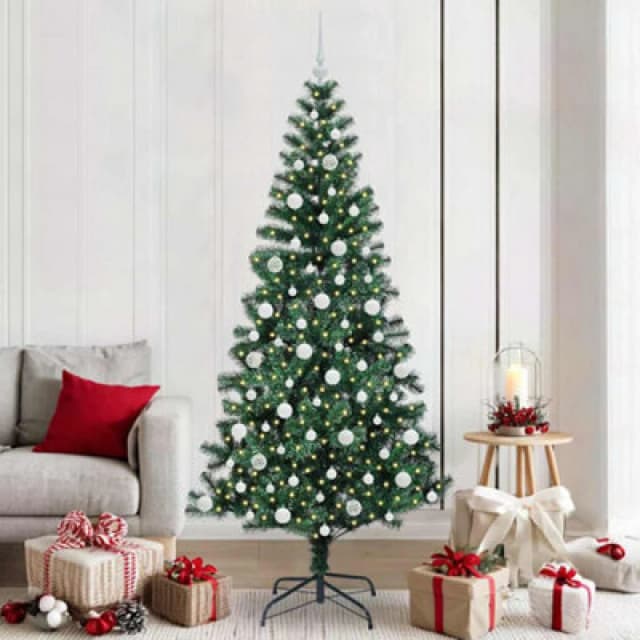 vidaXL Artificial Pre-lit Christmas Tree with White Balls Green 210cm PVC and Metal, Green 3396778