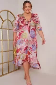 Plus Size Short Sleeve Tie Front Floral Midi Dress