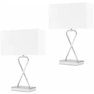 Minisun - 2 x Chrome Table Lamps + White Rectangular Shade - No Bulbs