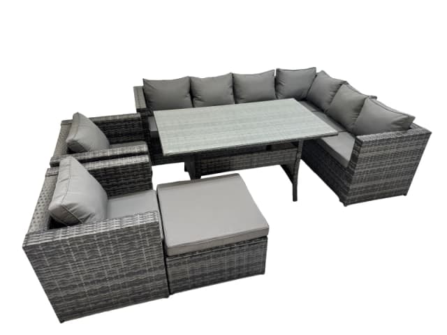 Fimous Rattan Garden Furniture Set Outdoor 9 Seater Patio Corner Sofa Sets With Table 2 Chairs Big Stool Dark Grey Mixed