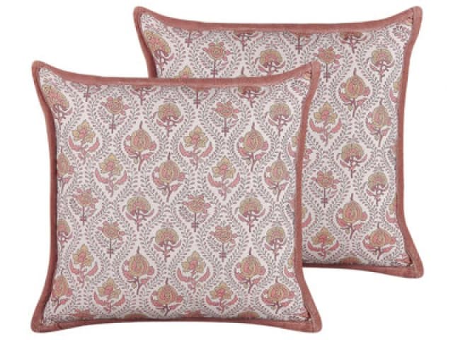 Beliani Set Of 2 Decorative Cushions Picea Velvet 45 X 45cm Red Floral Pattern