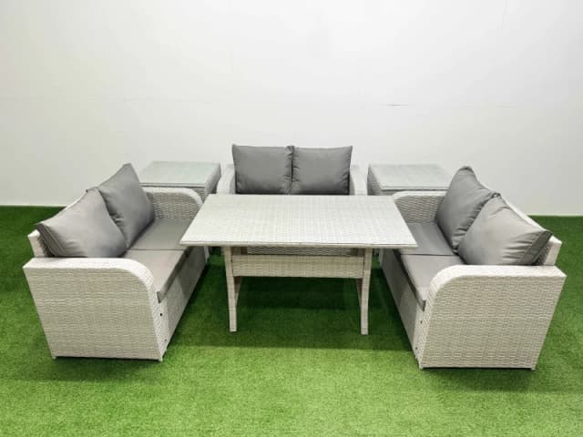 Fimous 6 Seater PE Wicker Rattan Furniture Sofa Sets with Rectangular Dining Table 2 Seater Love Sofa 2 Side Table Light Grey Light Grey