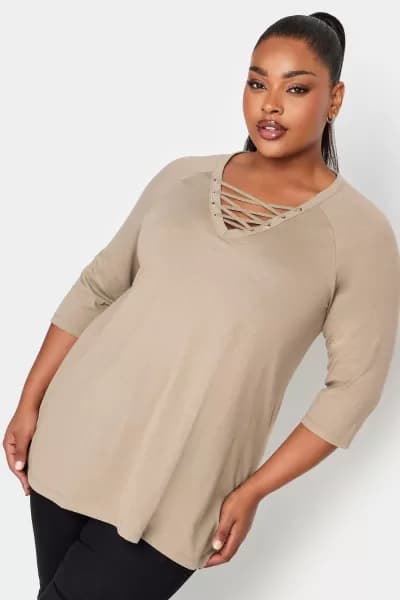 Yours Lattice Detail Eyelet Top Mocha