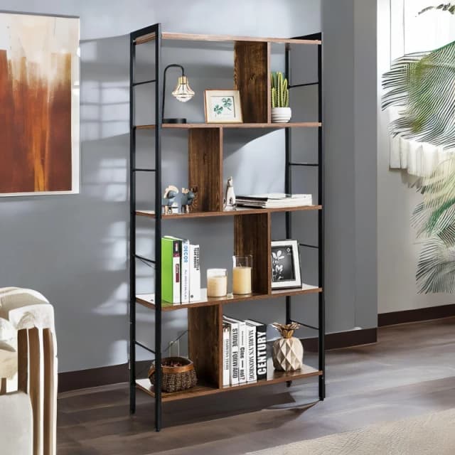 Rafaelo Mobilia 154CM Tall 5 Tier Bookcase With Metal Frame in Dark Brown Dark Brown Unisex