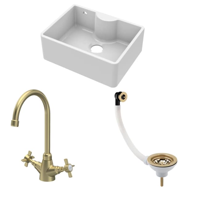Balterley Fireclay 1 Bowl Butler Sink Overflow Waste Tap Brushed Brass 595mm Bronze