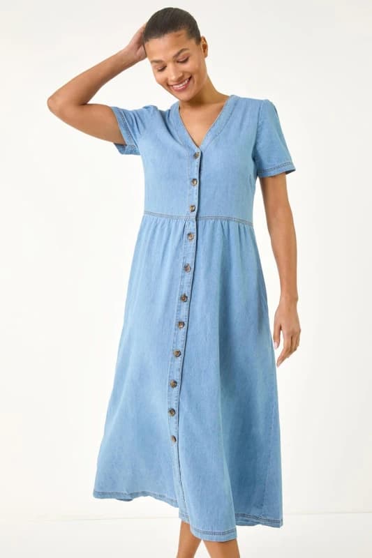 Roman Womens Denim Button Through Midi Dress in Mid Blue Size: 20 Mid Blue Female 20