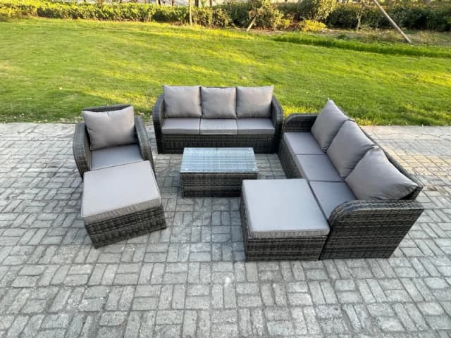 Fimous Wicker PE Rattan Garden Furniture Set 9 Seater Outdoor Lounge Sofa Set with Coffee Table 2 Big Footstool Dark Grey Mixed Dark Grey