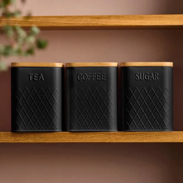 Cooks Professional 3 Piece Kitchen Storage Square with Bamboo Lids Tea Coffee Sugar Black