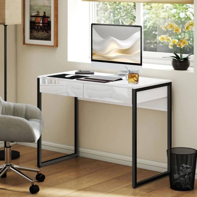 HOMCOM HOMCOM Modern Home Office Desk with High Gloss 2 Drawers Finish White Black White One Size Unisex 5063603409453